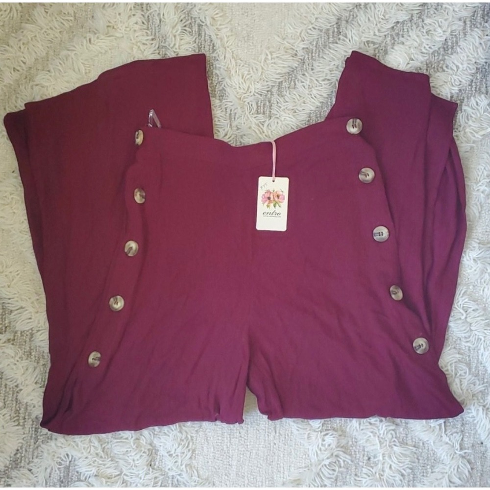 Entro Wide-Leg High-Waist Button Front Pants in Burgundy - Picture 3 of 8